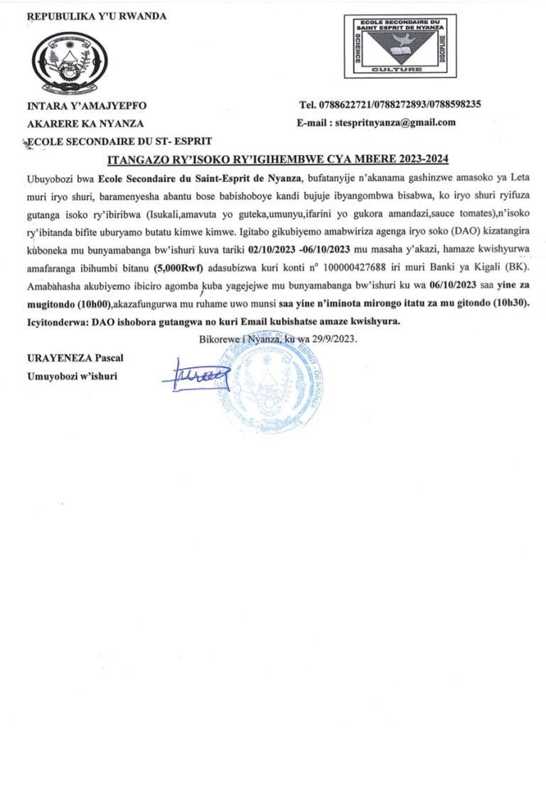 » ECOLE SECONDAIRE DU SAINTESPRIT DE NYANZA Isoko ryo kugemura